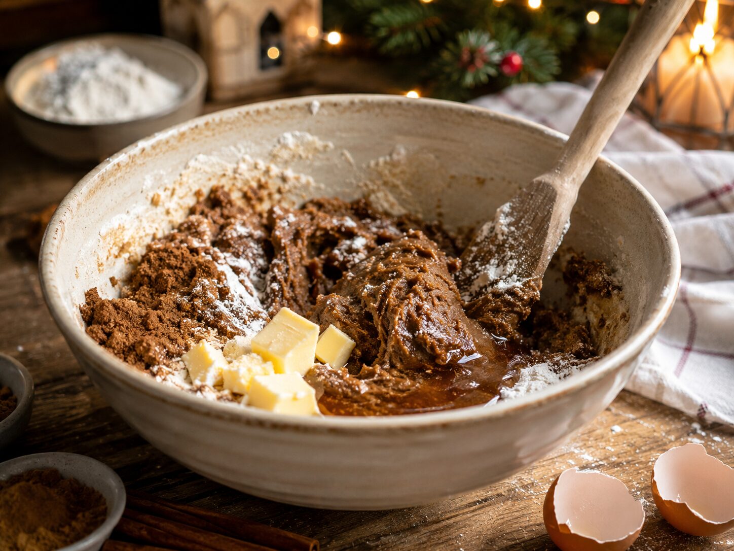 Close-up of gingerbread dough being mixed in a rustic ceramic bowl with wooden spoon, butter chunks visible, fairy lights and Christmas tree in background