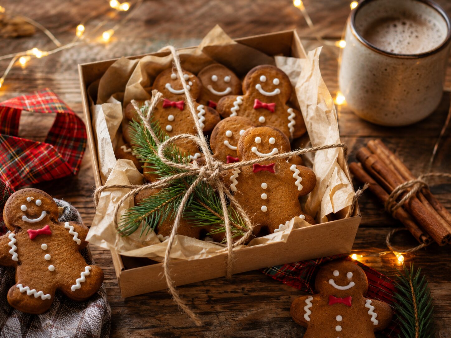 Iced gingerbread men with white icing and red bow ties packed in a kraft gift box with baking paper and pine sprig tied with twine, cinnamon sticks and mug alongside with fairy lights