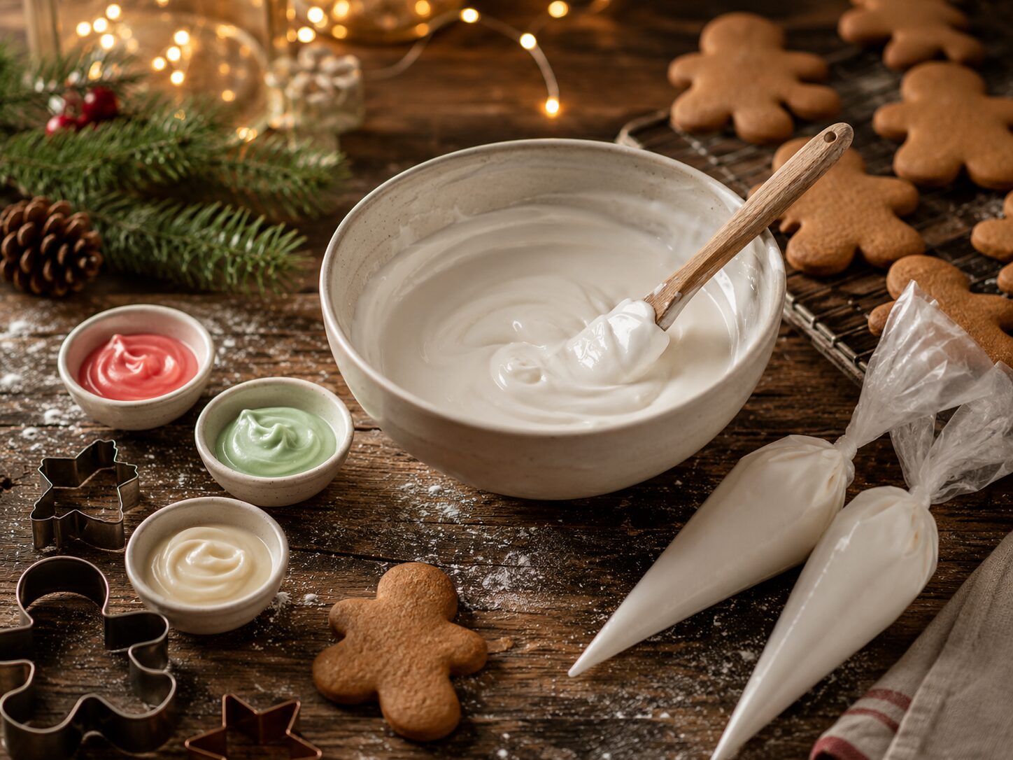 Bowl of white royal icing with wooden spatula, small bowls of coloured icing in red, green and cream, piping bags and gingerbread men ready to decorate on a wooden board with fairy lights