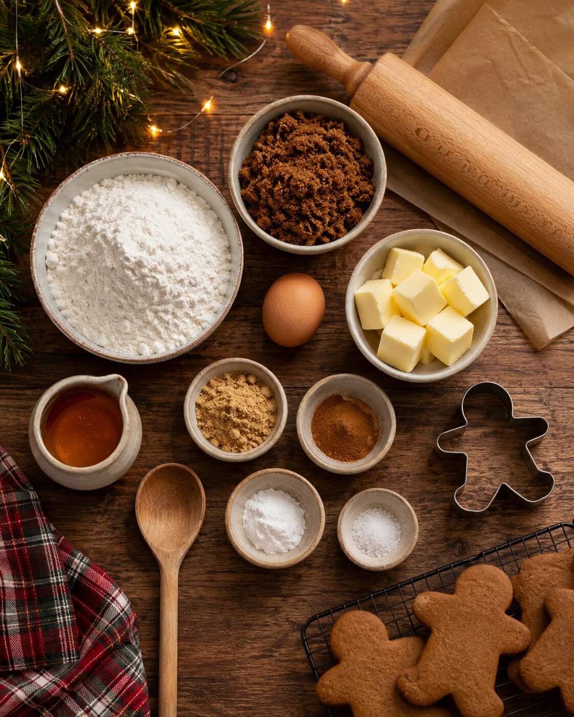 Flat lay of gingerbread men recipe ingredients including flour, dark brown sugar, butter cubes, egg, golden syrup, ground spices, rolling pin and gingerbread man cutter on a dark wooden board with pine branches and fairy lights