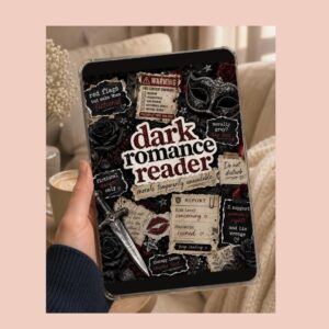Dark Romance Reader printable Kindle insert shown in a clear case, with a black and burgundy collage design