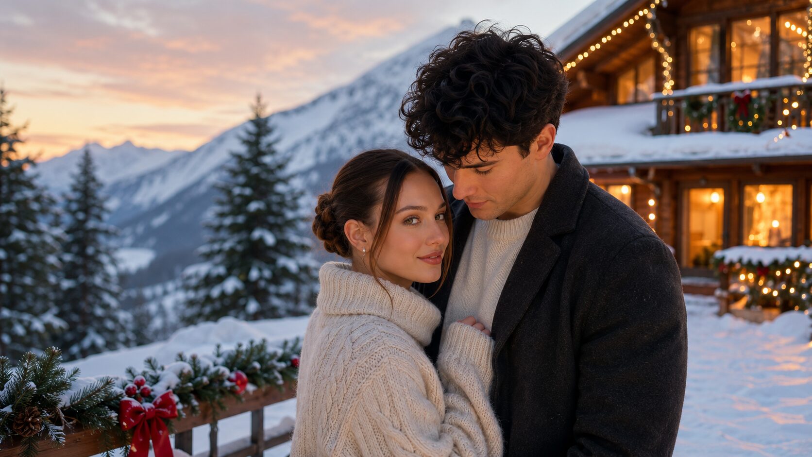 Maelyn and Andrew from In a Holidaze by Christina Lauren at a cosy mountain Christmas cabin