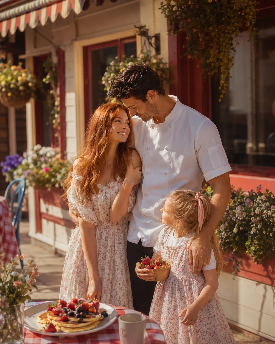 Iris and Archer with little Olive outside The Strawberry Patch Pancake House, the found family Dream Harbor book 4