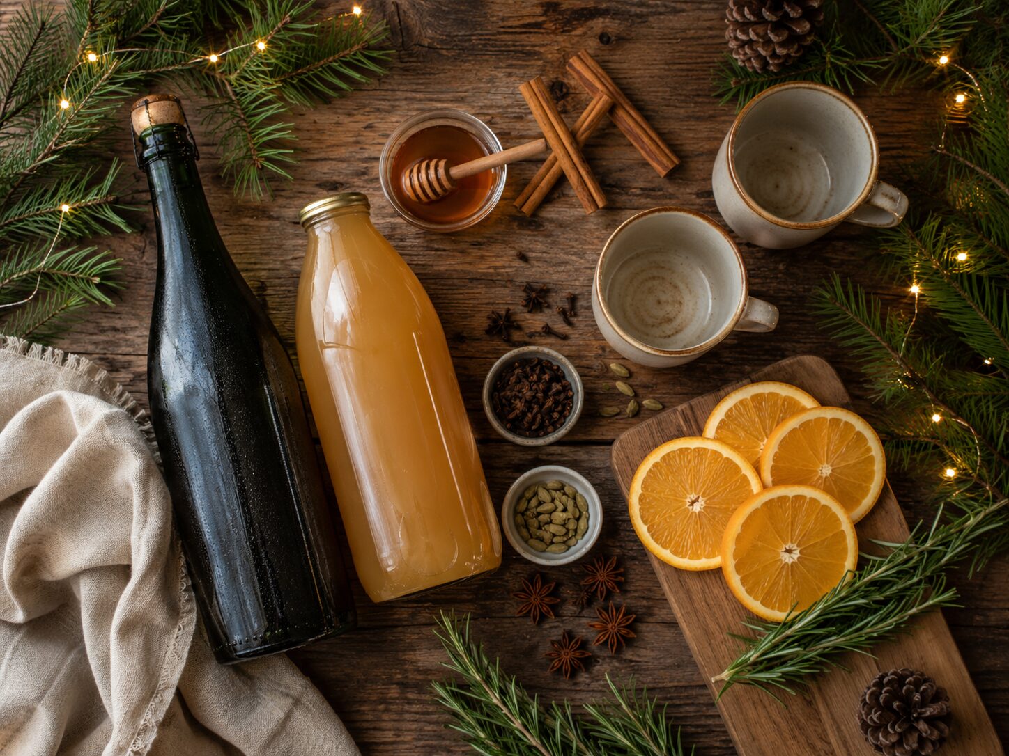 Flat lay of mulled apple cider ingredients including dark bottle, apple juice, honey, spices, orange slices and empty mugs on a wooden board with pine branches and fairy lights
