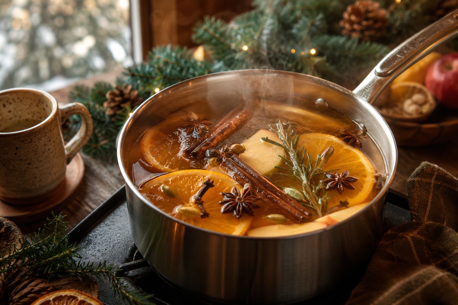 Silver saucepan with mulled apple cider steaming on hob with orange slices, rosemary, star anise and cinnamon sticks, pine sprigs and mugs alongside