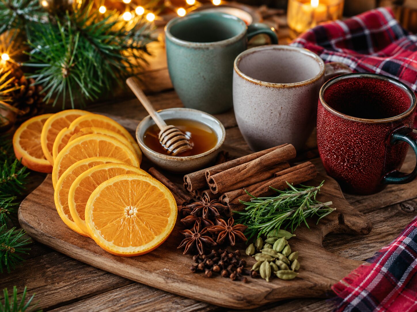 Flat lay garnish board with dried orange slices, honey, cinnamon sticks, star anise, cardamom, cloves and rosemary with two mugs in background, warm amber tones