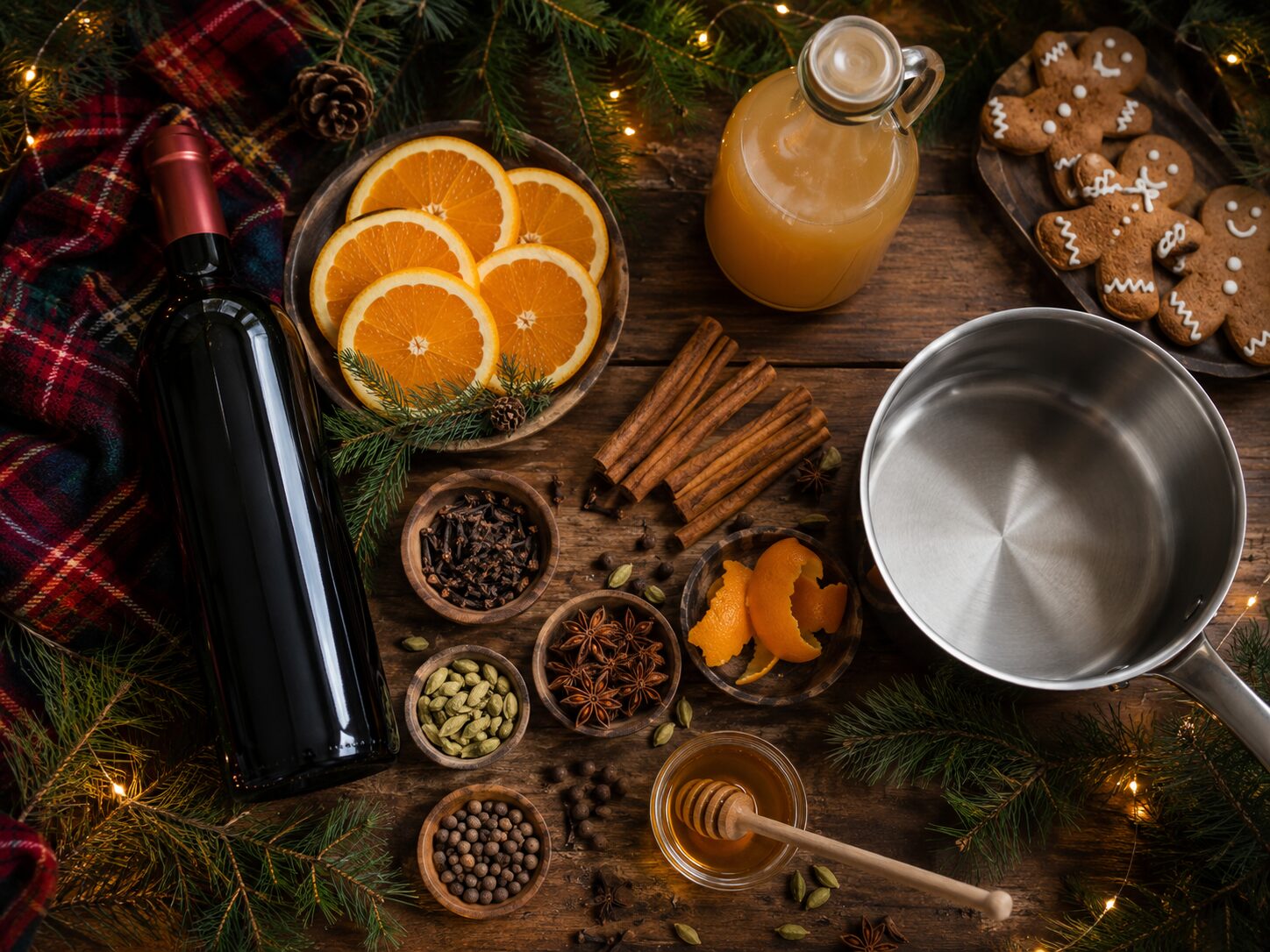 Flat lay of mulled wine ingredients including red wine bottle, orange slices, cinnamon sticks, star anise, cloves, cardamom, apple juice and saucepan on a dark wooden board with fairy lights and pine branches
