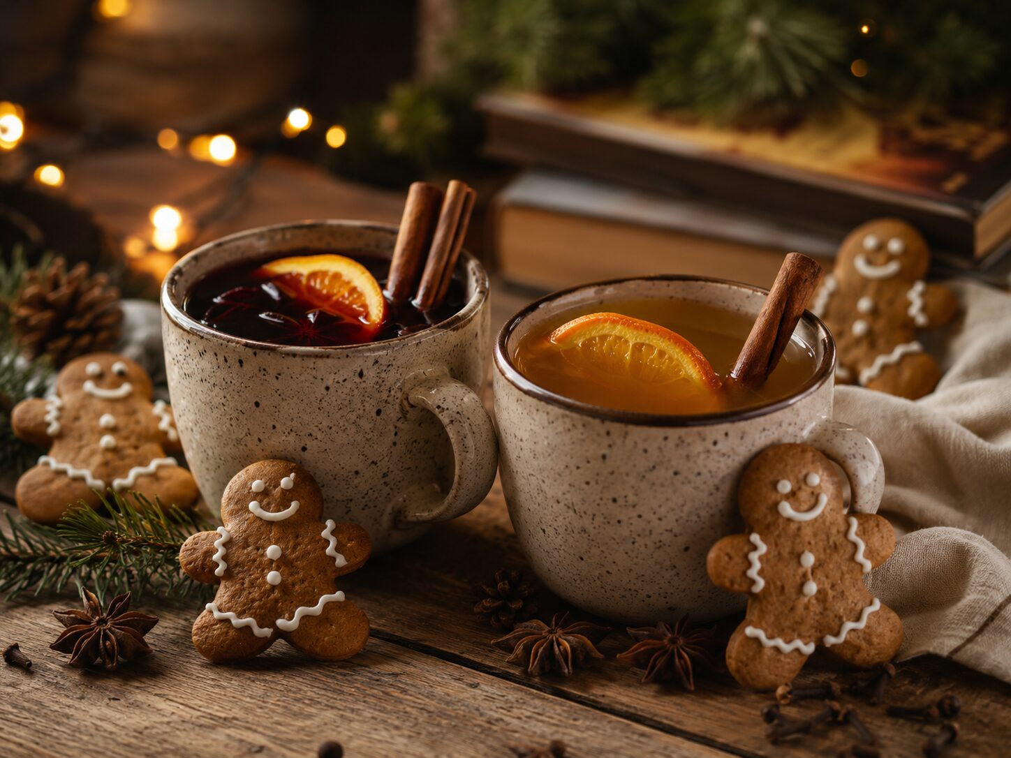 Two rustic speckled mugs of mulled wine and apple cider with orange slices and cinnamon sticks, gingerbread men cookies alongside, pine branches and warm fairy lights