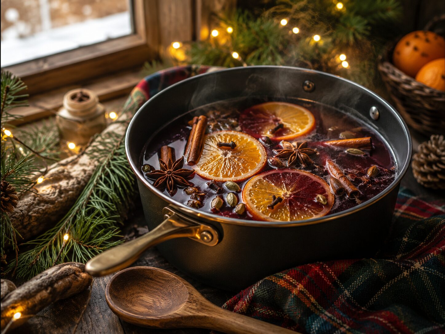 Dark saucepan with deep ruby mulled wine steeping with orange slices, cinnamon sticks and star anise, fairy lights and pine sprigs in background