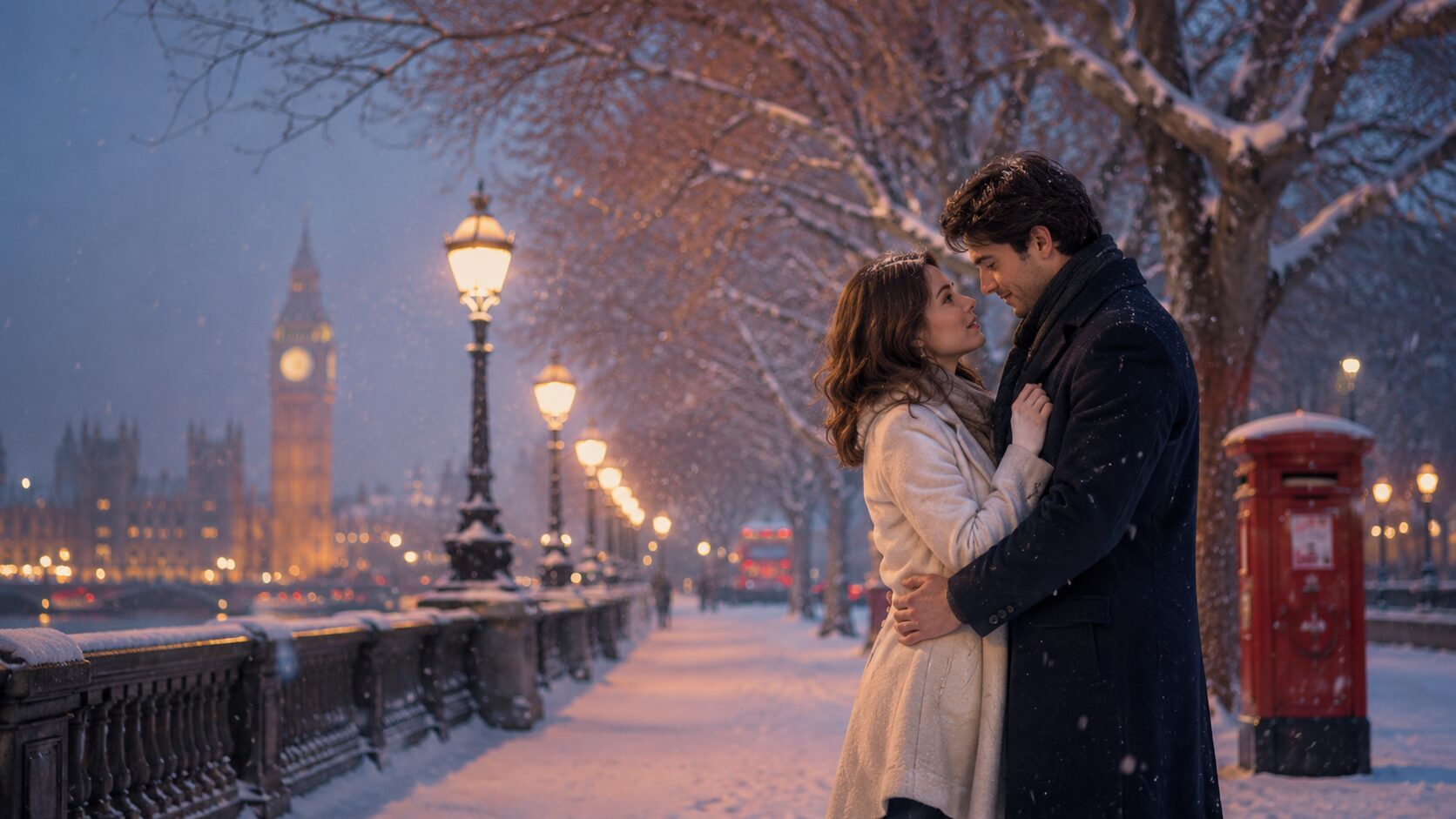 Laurie and Jack from One Day in December by Josie Silver in snowy London near Big Ben