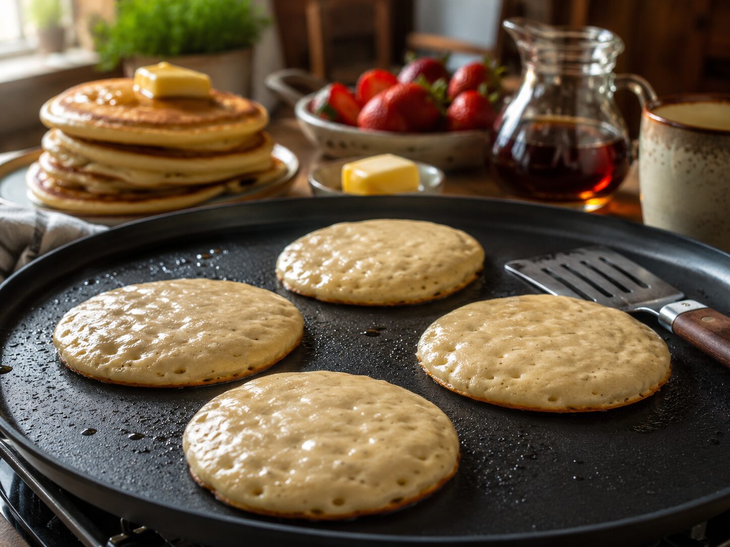 Pancakes cooking on a flat griddle with bubbles forming on the surface, butter and maple syrup in the background
