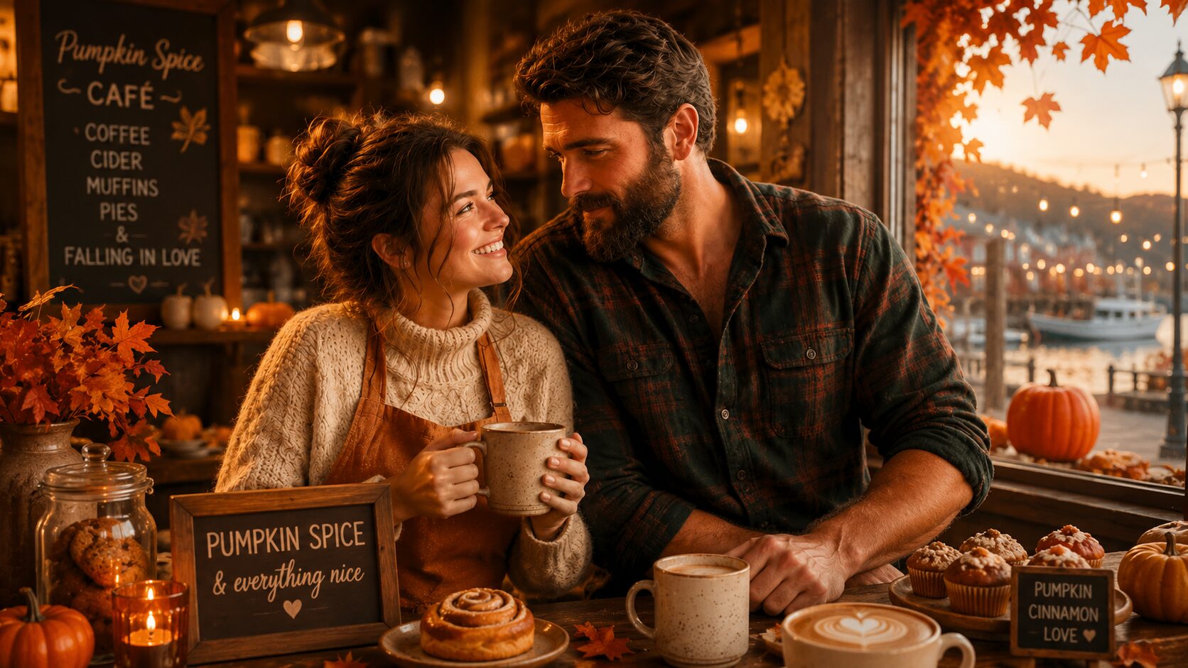 Jeanie and Logan at the Pumpkin Spice Cafe in Dream Harbor
