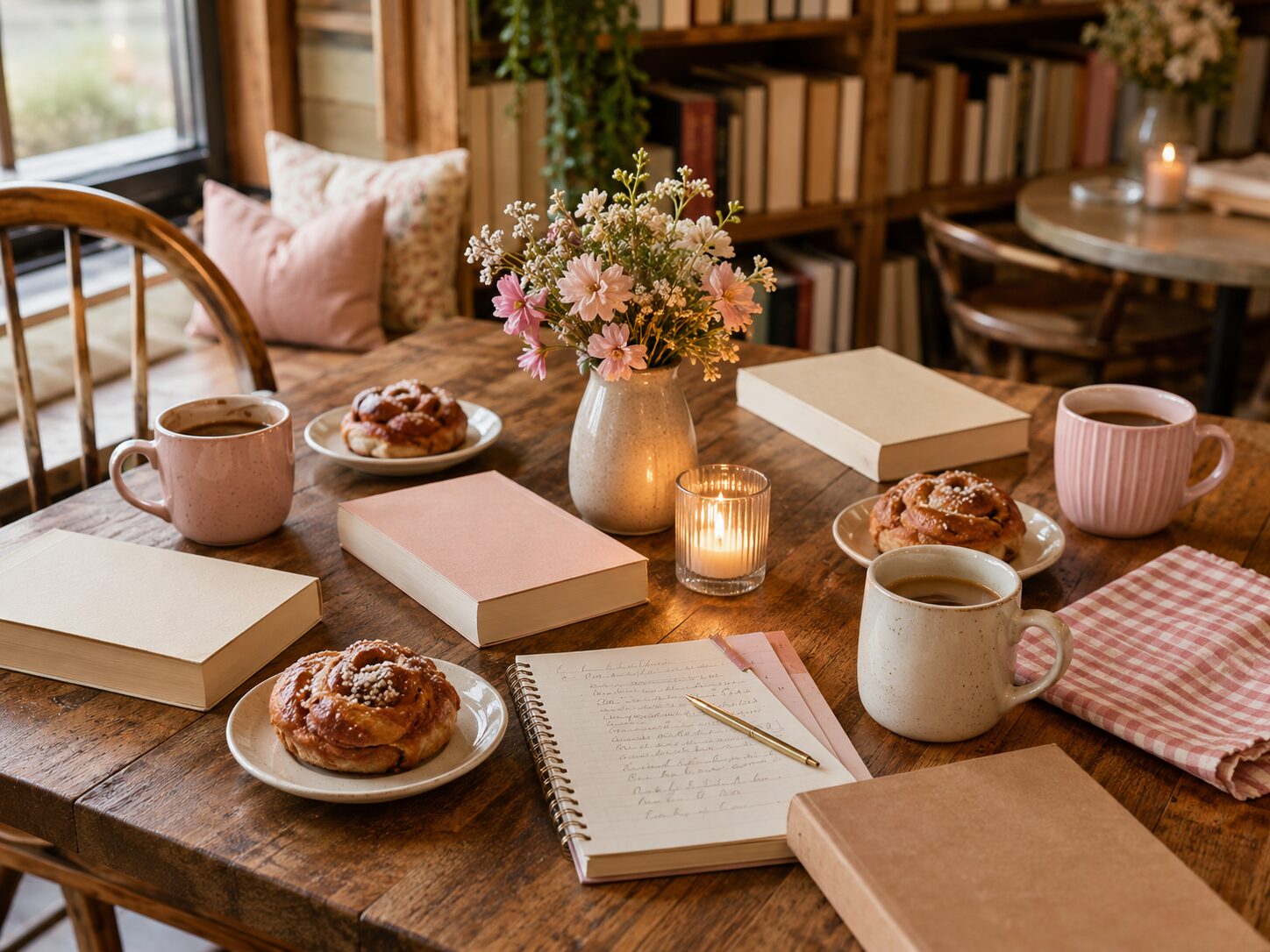 Cosy bookshop cafe table with pink romance books, handwritten journal, cinnamon buns, flowers and candles