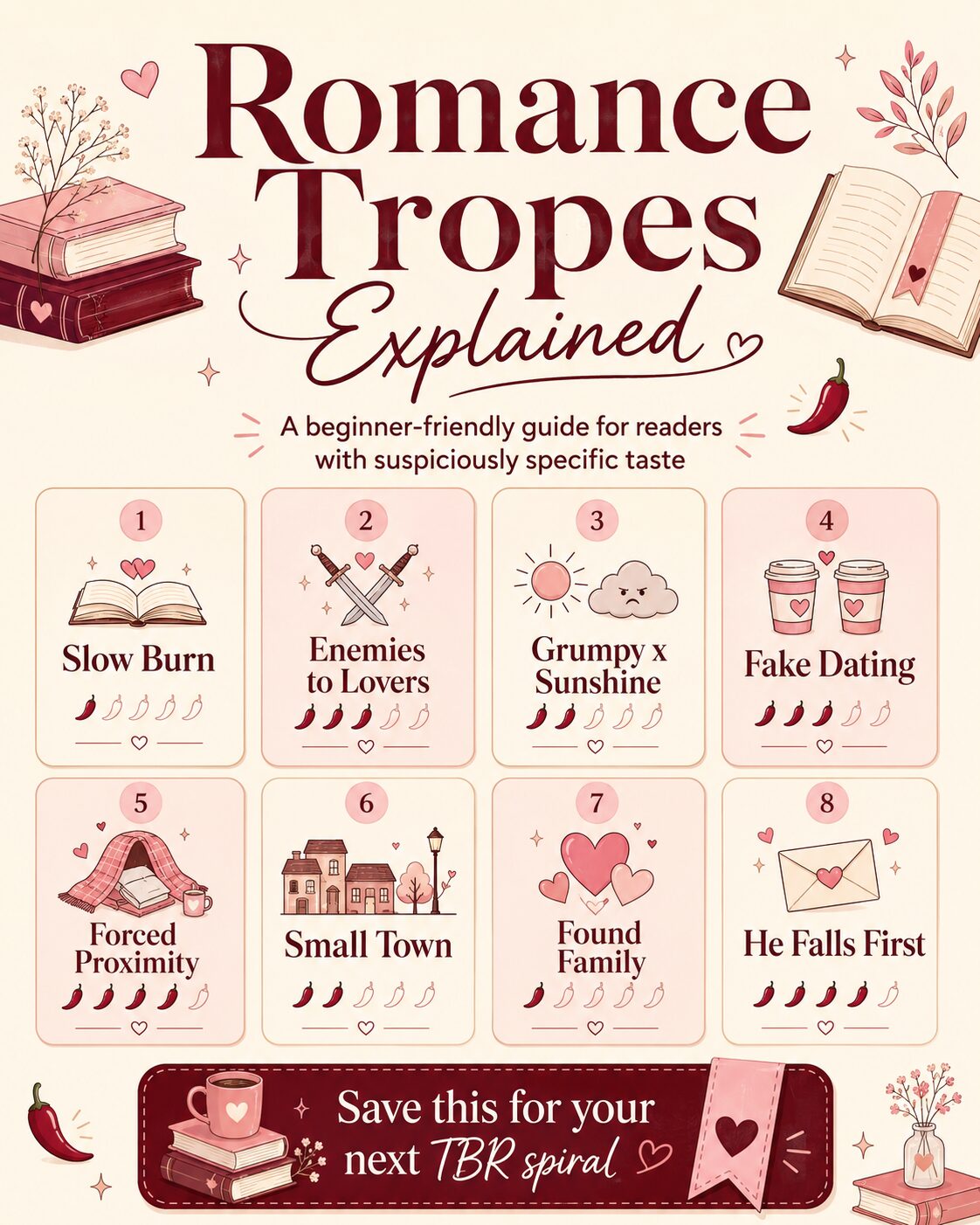 Romance tropes explained illustrated guide showing slow burn, enemies to lovers, grumpy x sunshine, fake dating, forced proximity, small town, found family and he falls first