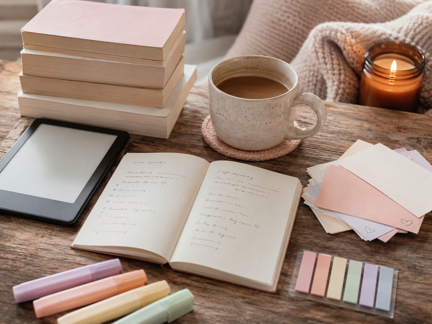 Open journal with a handwritten trope list beside stacked romance books, a Kindle, coffee and candle