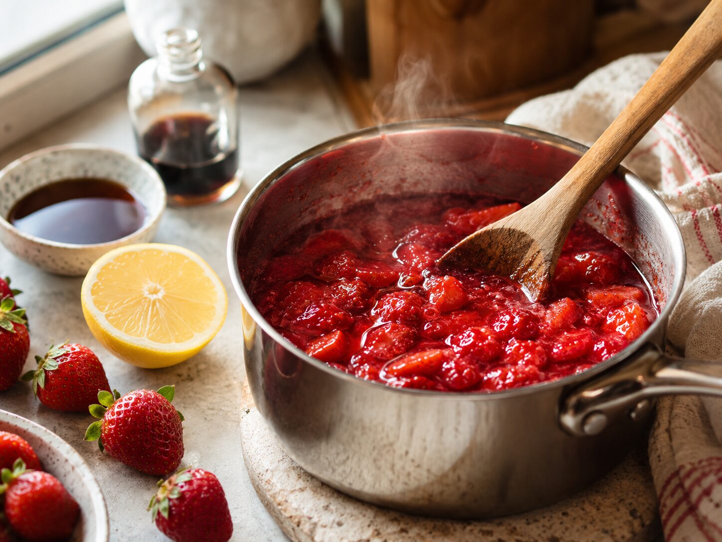 Strawberry compote simmering in a saucepan with a wooden spoon, fresh strawberries and lemon nearby