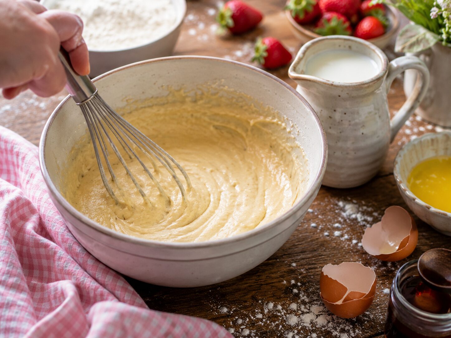 Whisking fluffy pancake batter in a ceramic bowl with milk jug and strawberries in the background