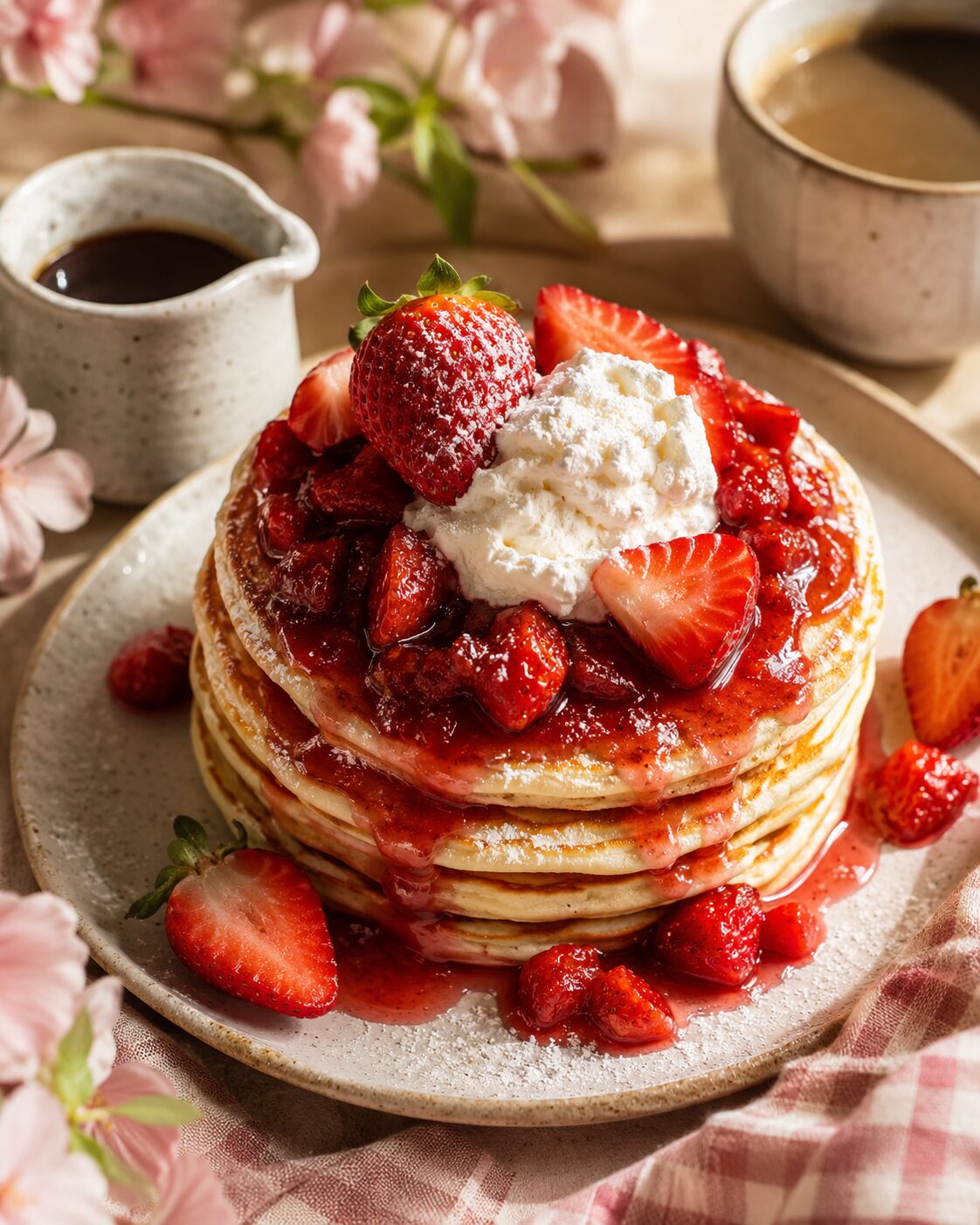 Close-up of a tall stack of strawberry pancakes with whipped cream, fresh strawberry compote and cherry blossoms in soft light