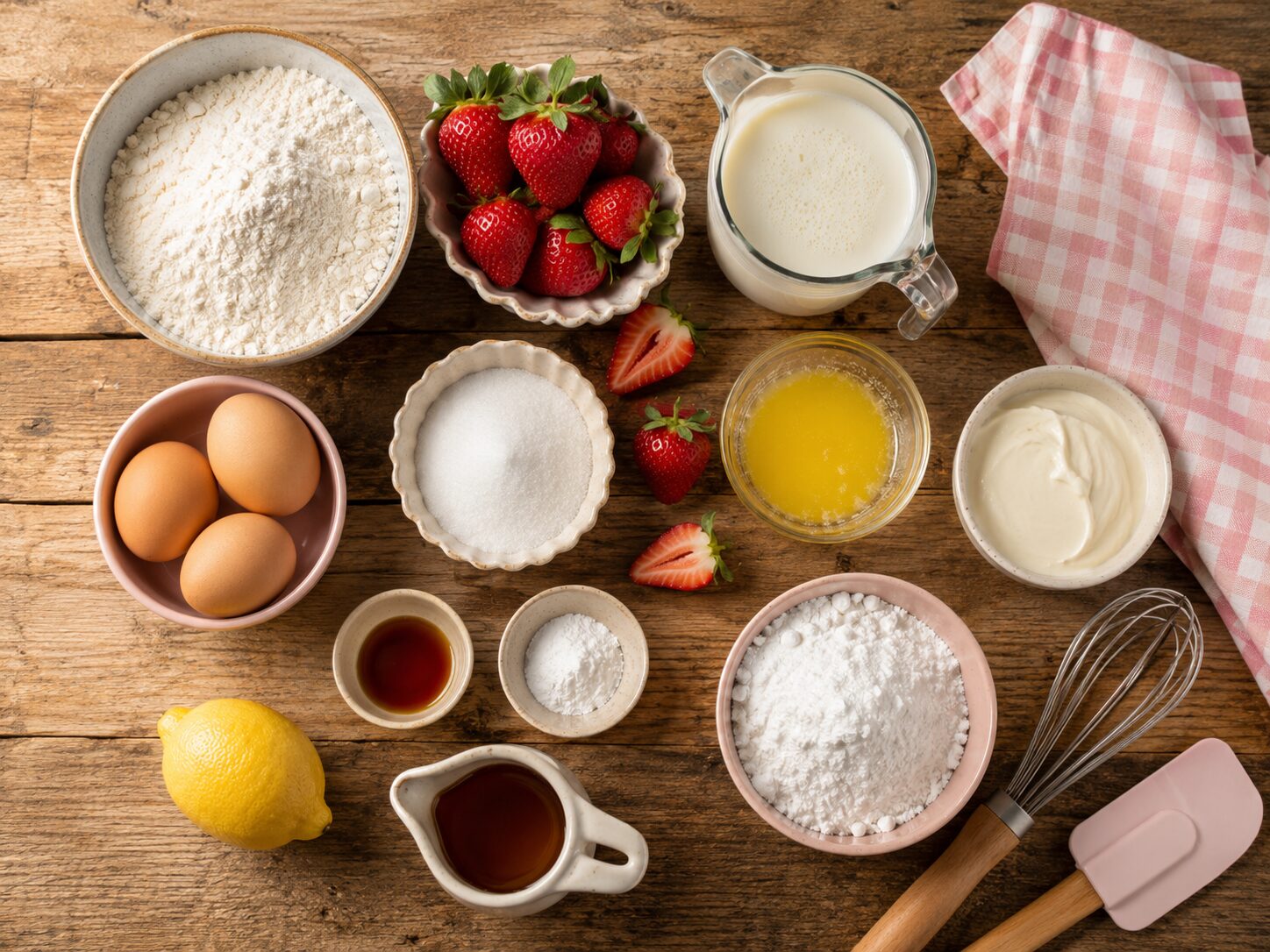 Flat lay of strawberry pancake ingredients including flour, eggs, strawberries, milk, butter, vanilla and maple syrup on a wooden surface