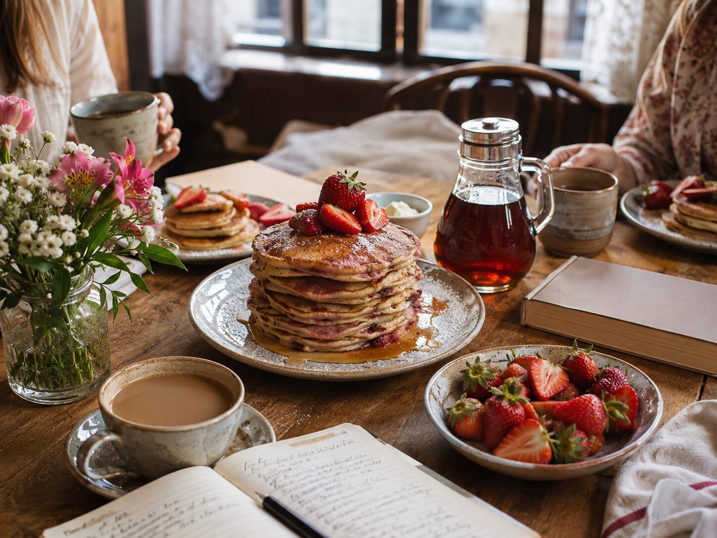 A bookish breakfast table scene with a stack of strawberry pancakes, coffee, fresh strawberries, maple syrup and an open journal