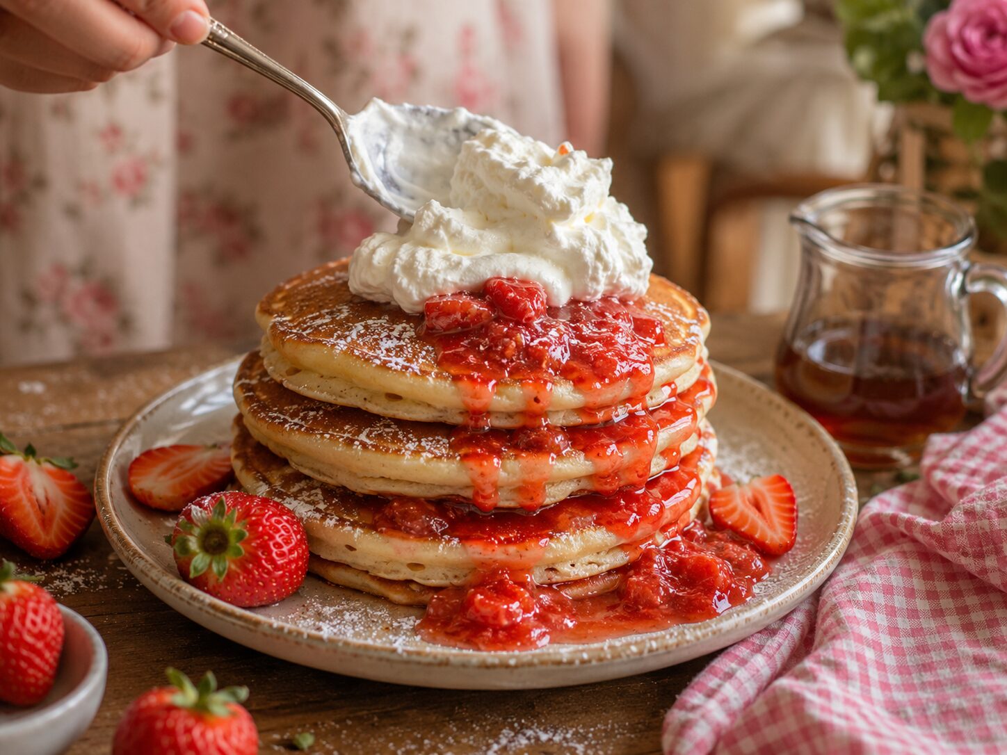 A hand spooning whipped cream onto a tall stack of strawberry pancakes with compote, fresh strawberries and maple syrup