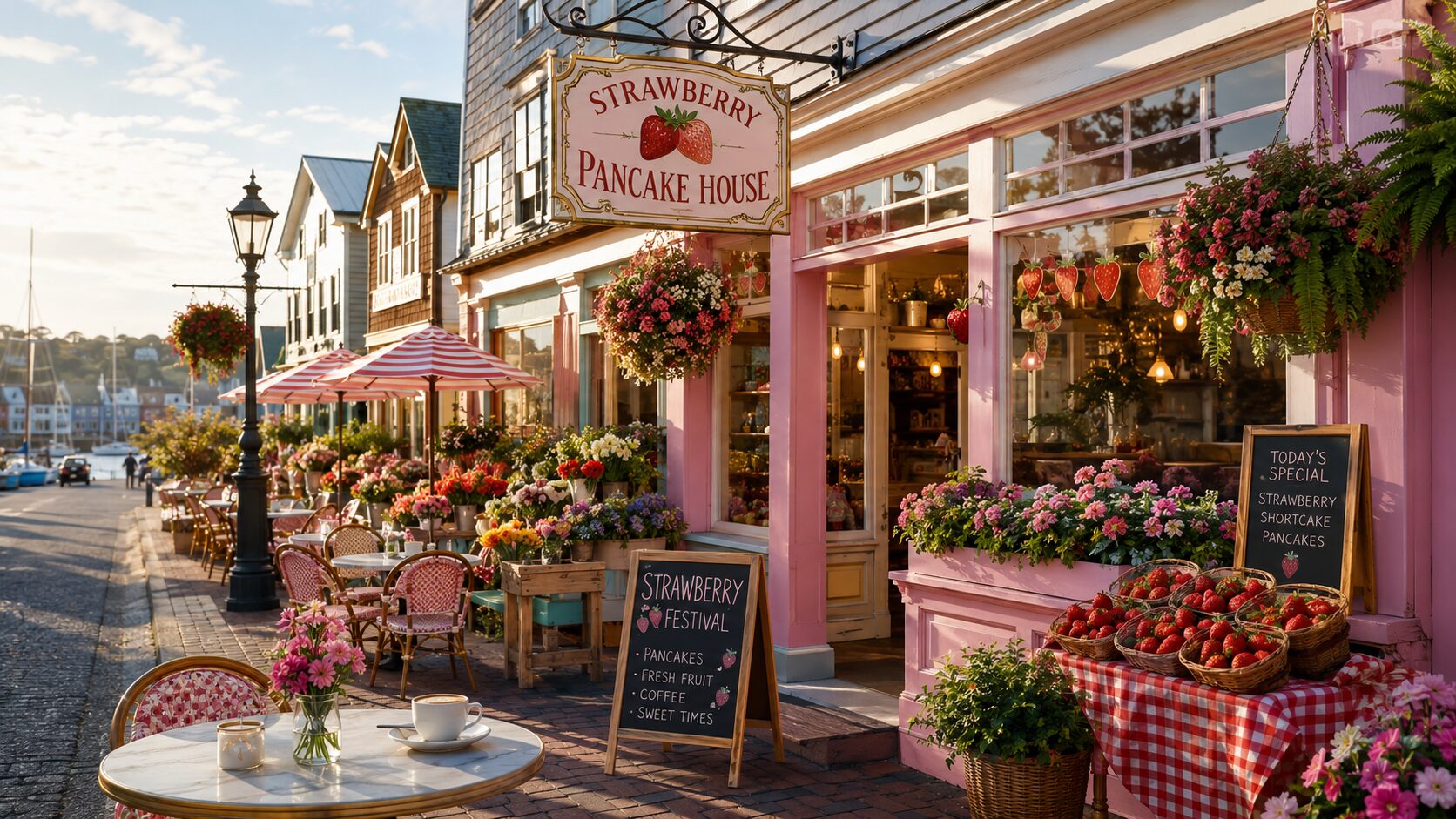 The Strawberry Patch Pancake House exterior with Strawberry Festival chalkboard, flower baskets and outdoor tables in a coastal Dream Harbor street