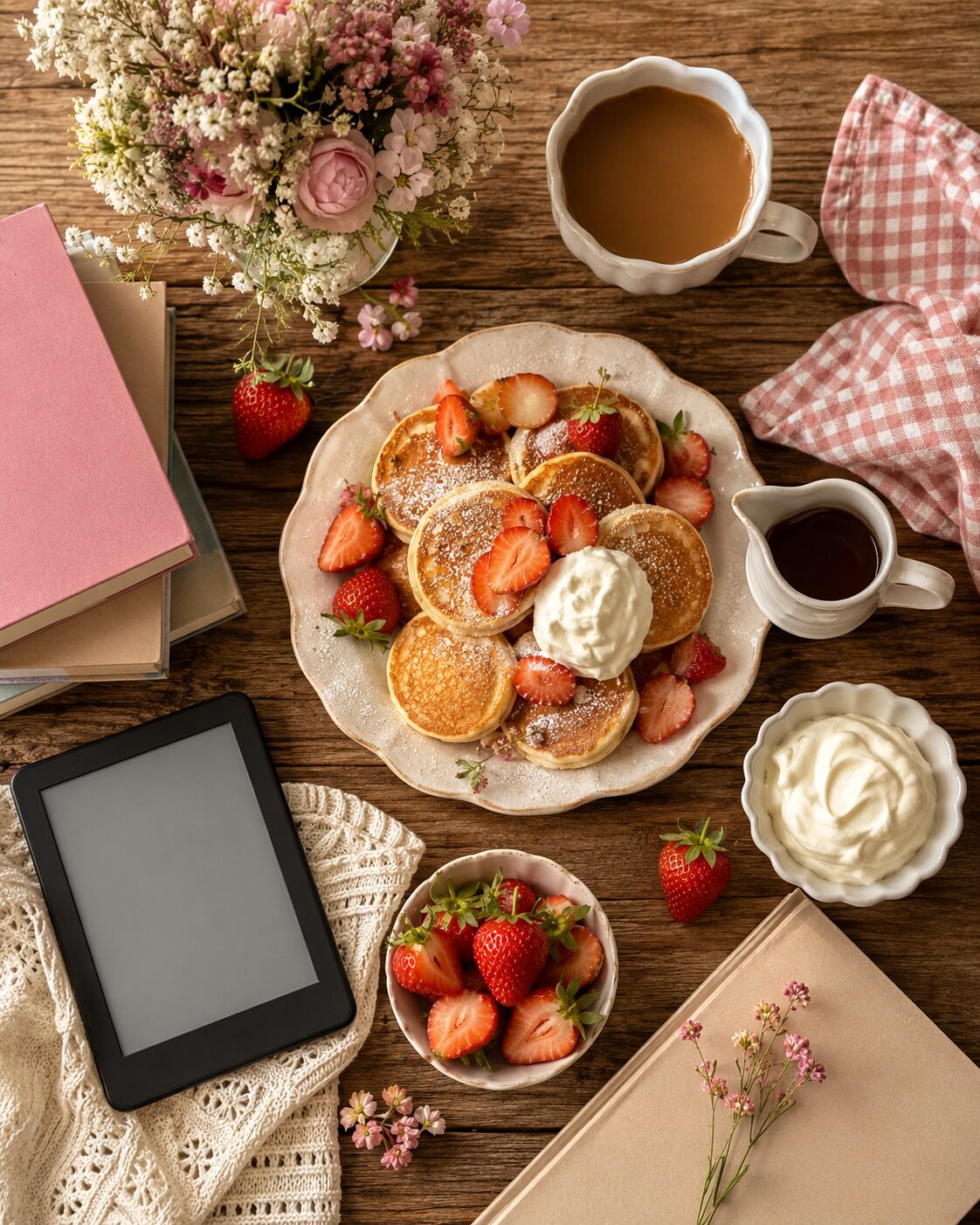 Bookish flat lay of strawberry pancakes with whipped cream, Kindle, romance books, coffee and fresh strawberries on a wooden table