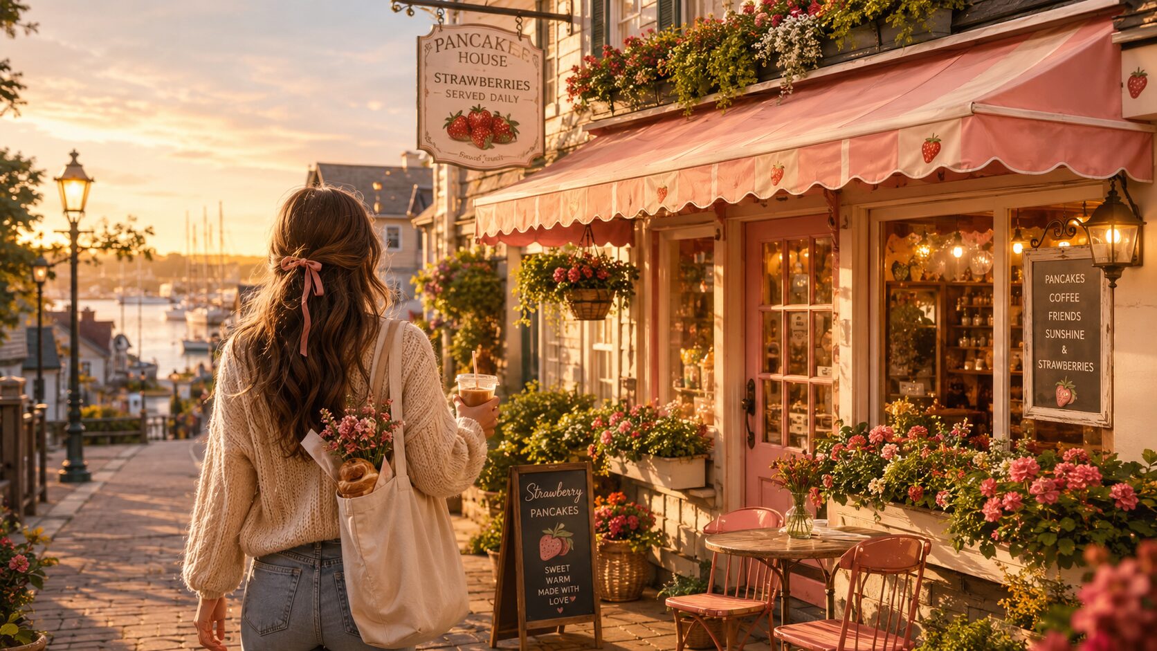 A woman walking toward The Strawberry Patch Pancake House at golden hour in a small coastal town