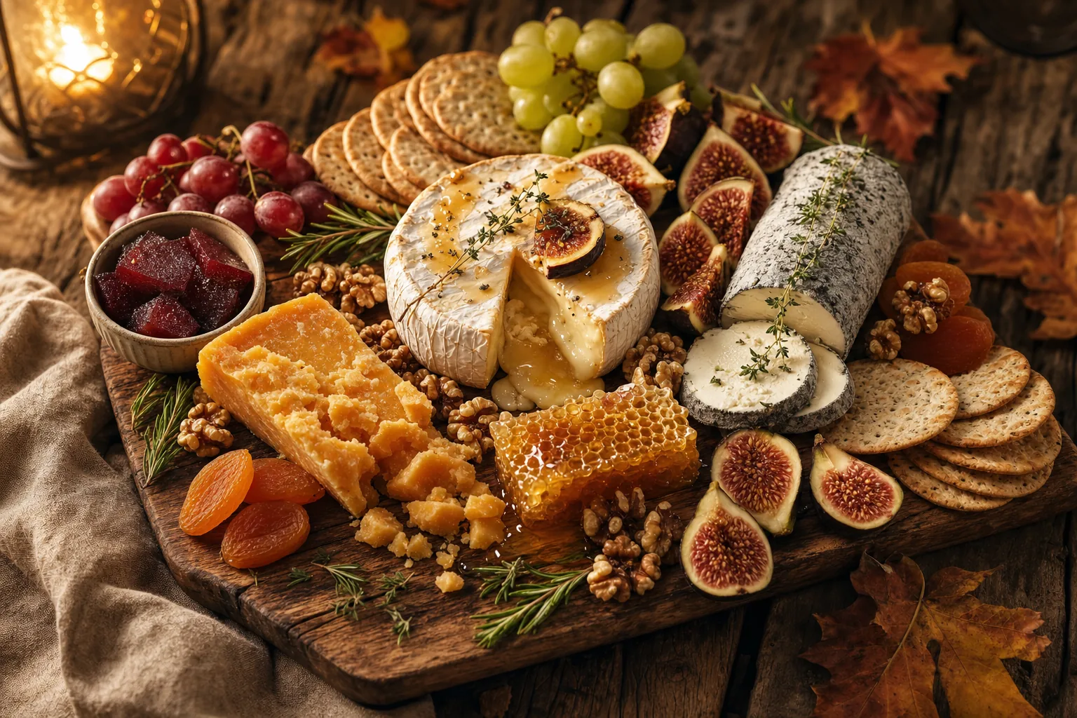 Overhead flat-lay of a rustic autumn cheese board with artisan cheeses, seasonal fruits and warm golden lighting, inspired by The Grumpy Farmer's Autumn Cheese Board by Laurie Gilmore.
