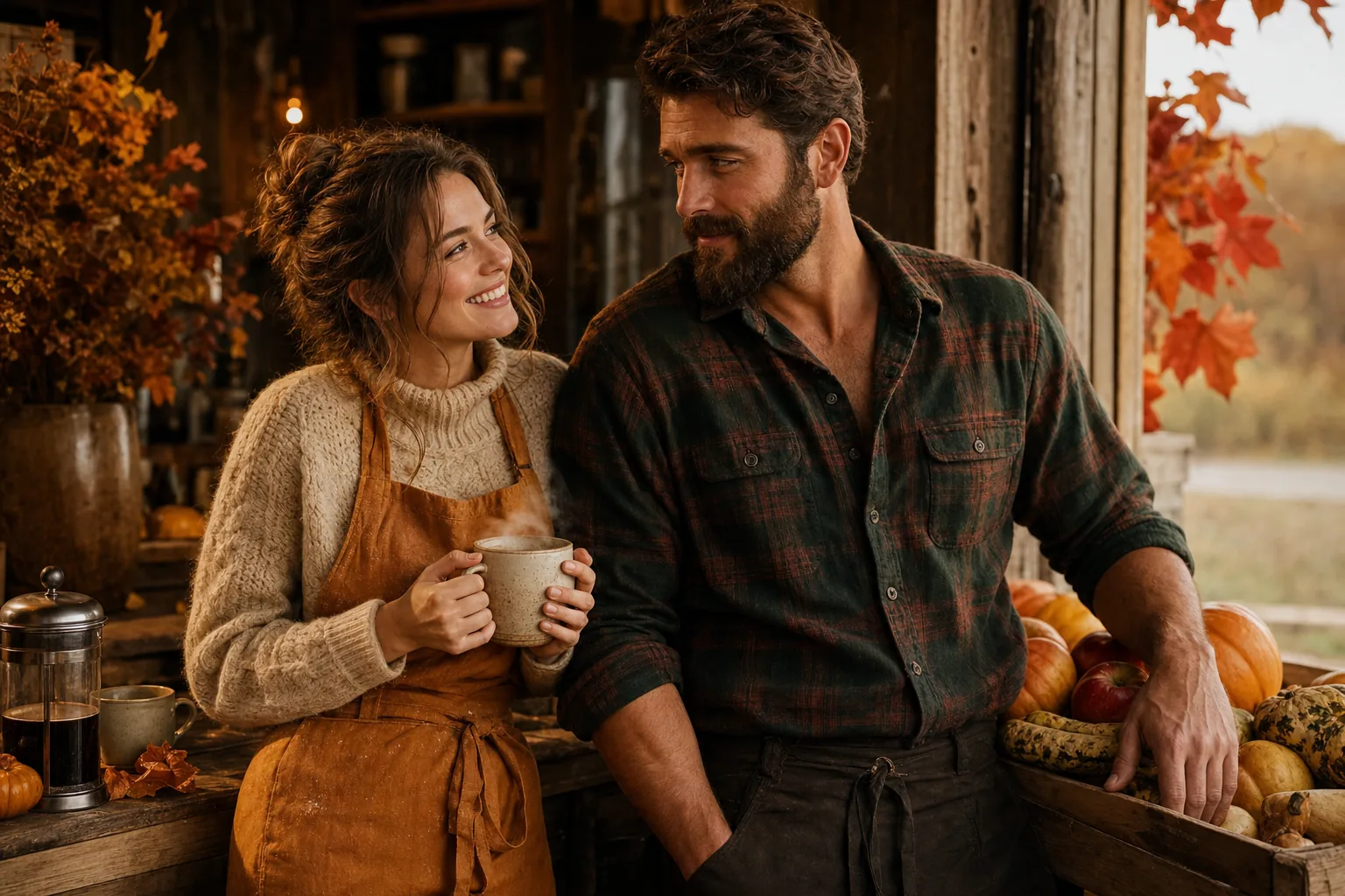 Jeanie and Logan, the lead characters of The Pumpkin Spice Café by Laurie Gilmore, in a warm autumn portrait