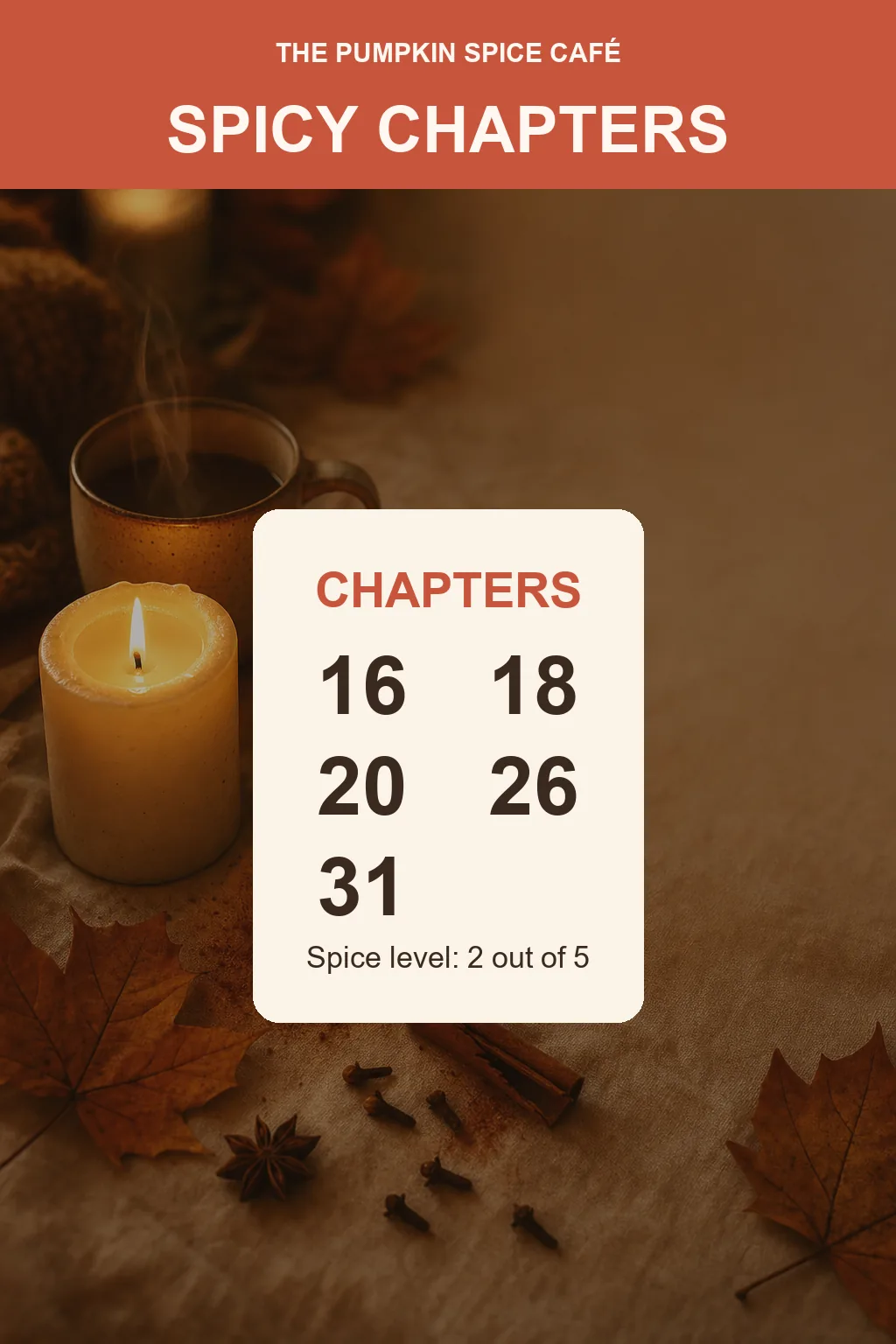 Spicy chapters in The Pumpkin Spice Café by Laurie Gilmore: spicy scenes in chapters 16, 18, 20, 26, 31 (2 out of 5)