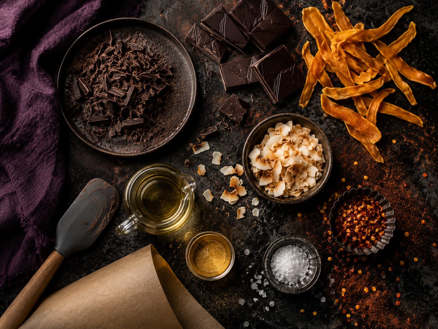 Ingredients for Dragon Scale Bark: dark chocolate, dried mango, toasted coconut, chilli flakes, sea salt