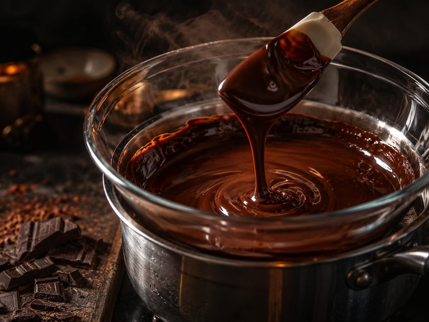 Melting dark chocolate over a double boiler for Dragon Scale Bark