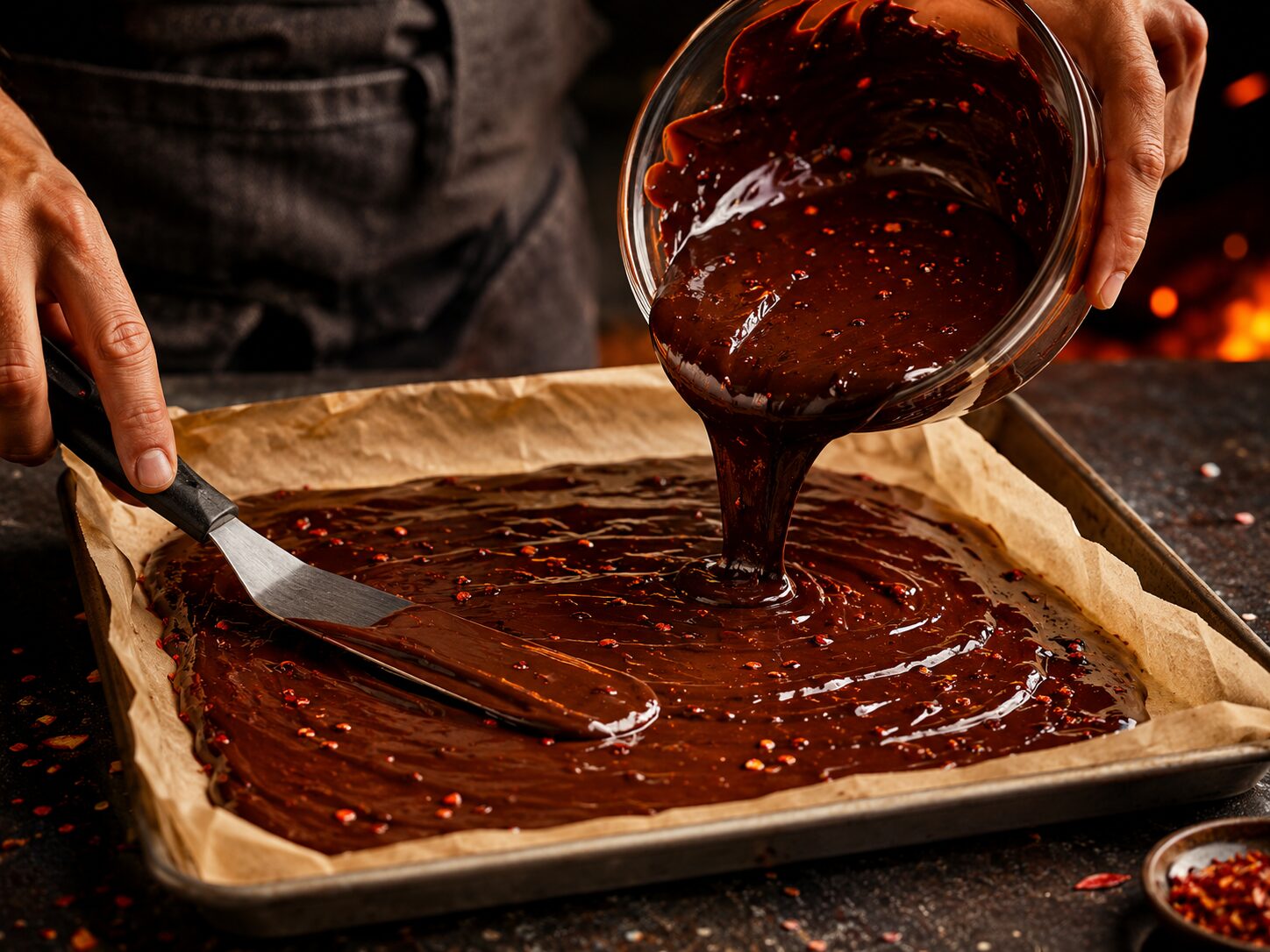 Pouring melted dark chocolate onto a lined tray and spreading it into an even layer