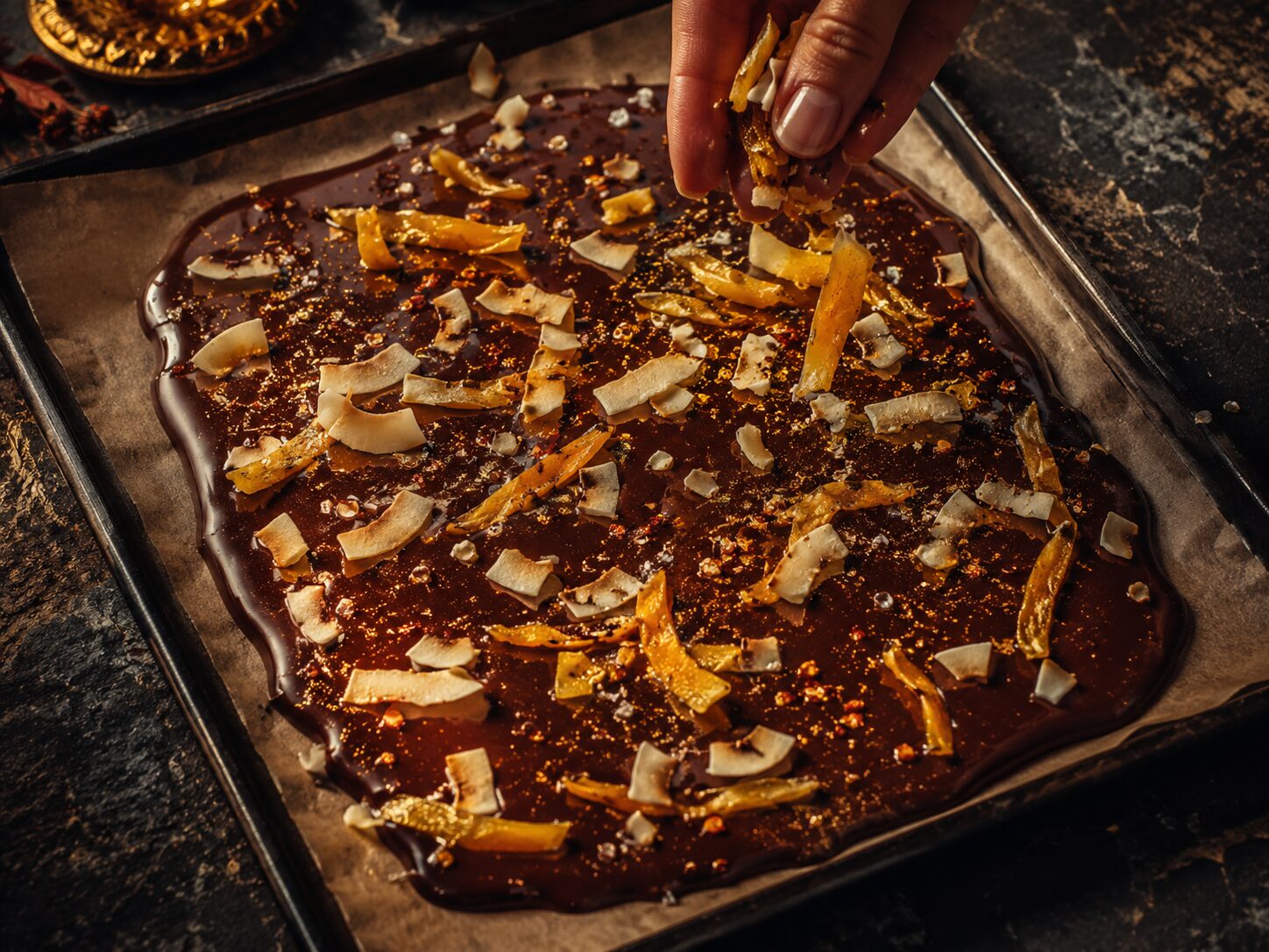 Scattering dried mango strips and toasted coconut over warm chocolate bark