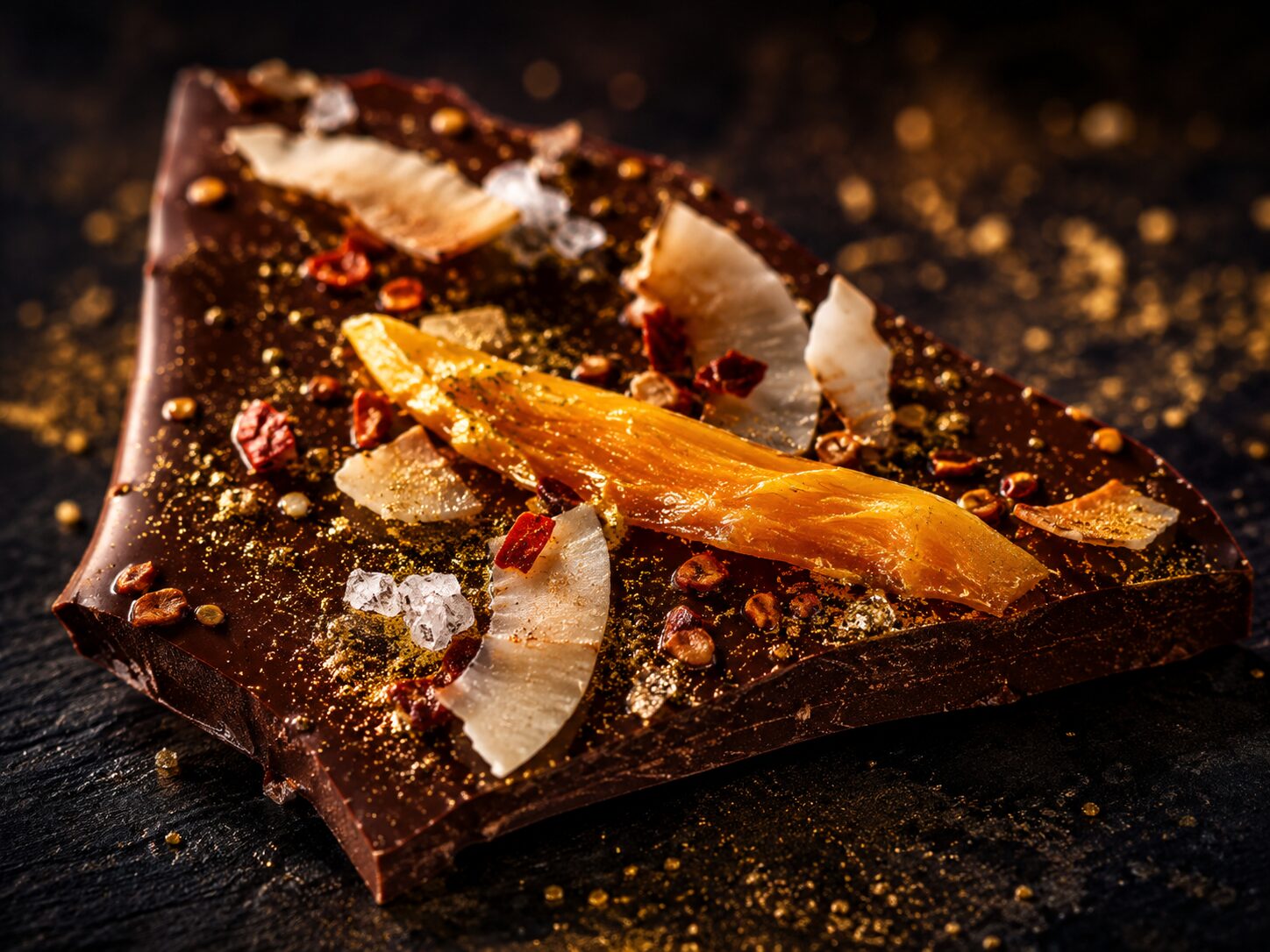 Close-up of a single Dragon Scale Bark shard with mango, coconut, chilli and gold shimmer