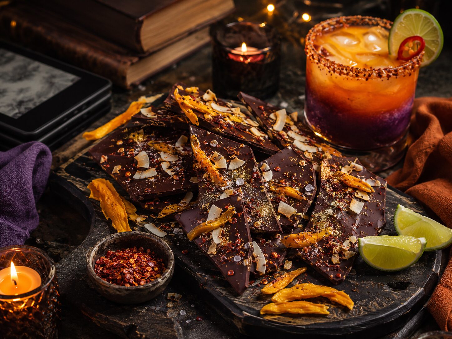 Dragon Scale Bark platter served beside the Dragon's Fire Margarita with books and candles