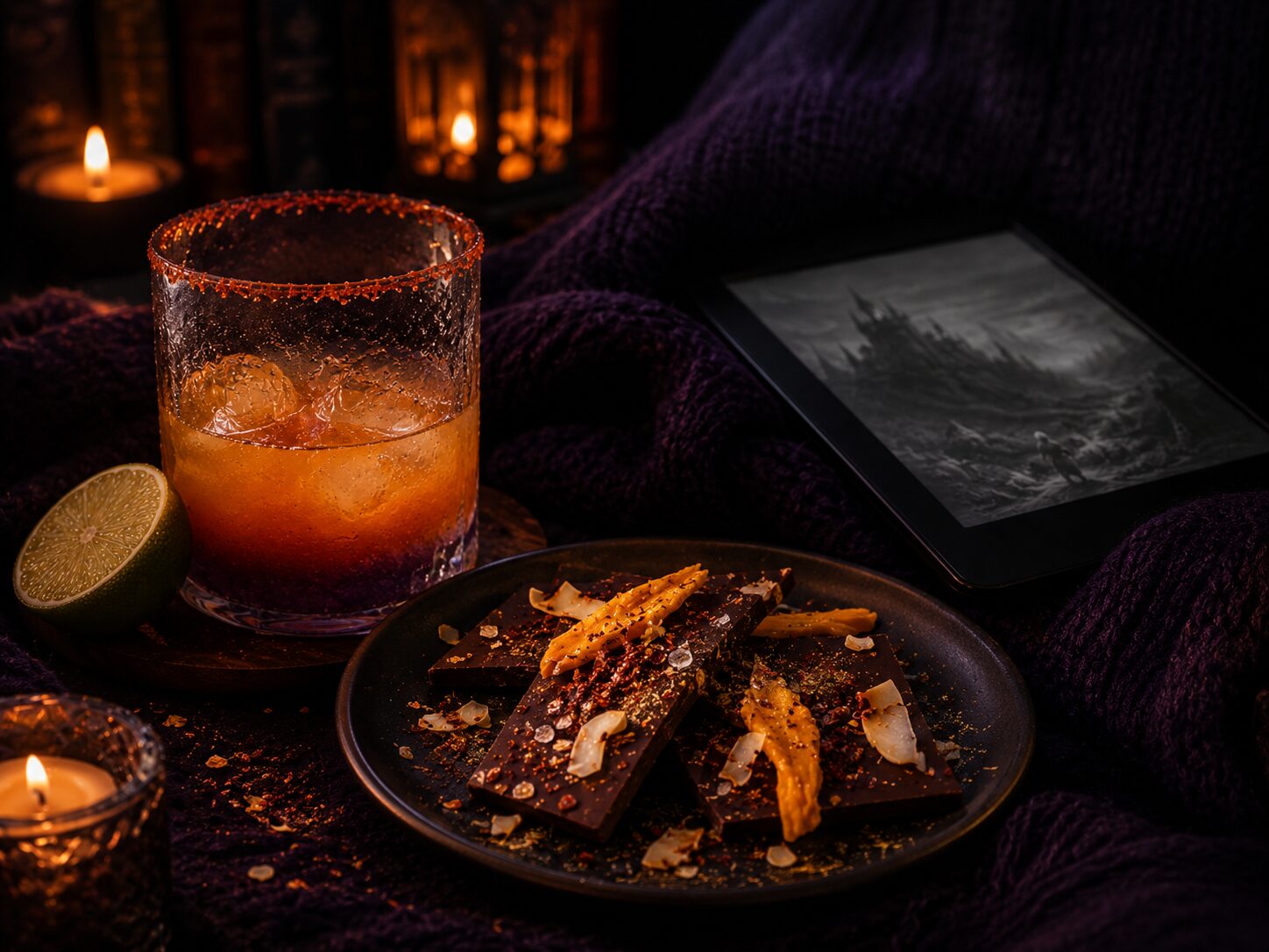 Plate of Dragon Scale Bark beside a Dragon's Fire Margarita and an e-reader on a cosy reading night