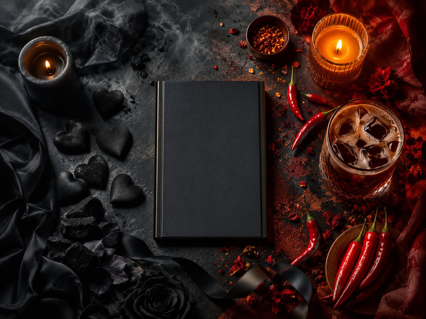 Split image contrasting black hearts and a dark book on one side with red chillies and a dark cocktail on the other, representing darkness versus spice in dark romance