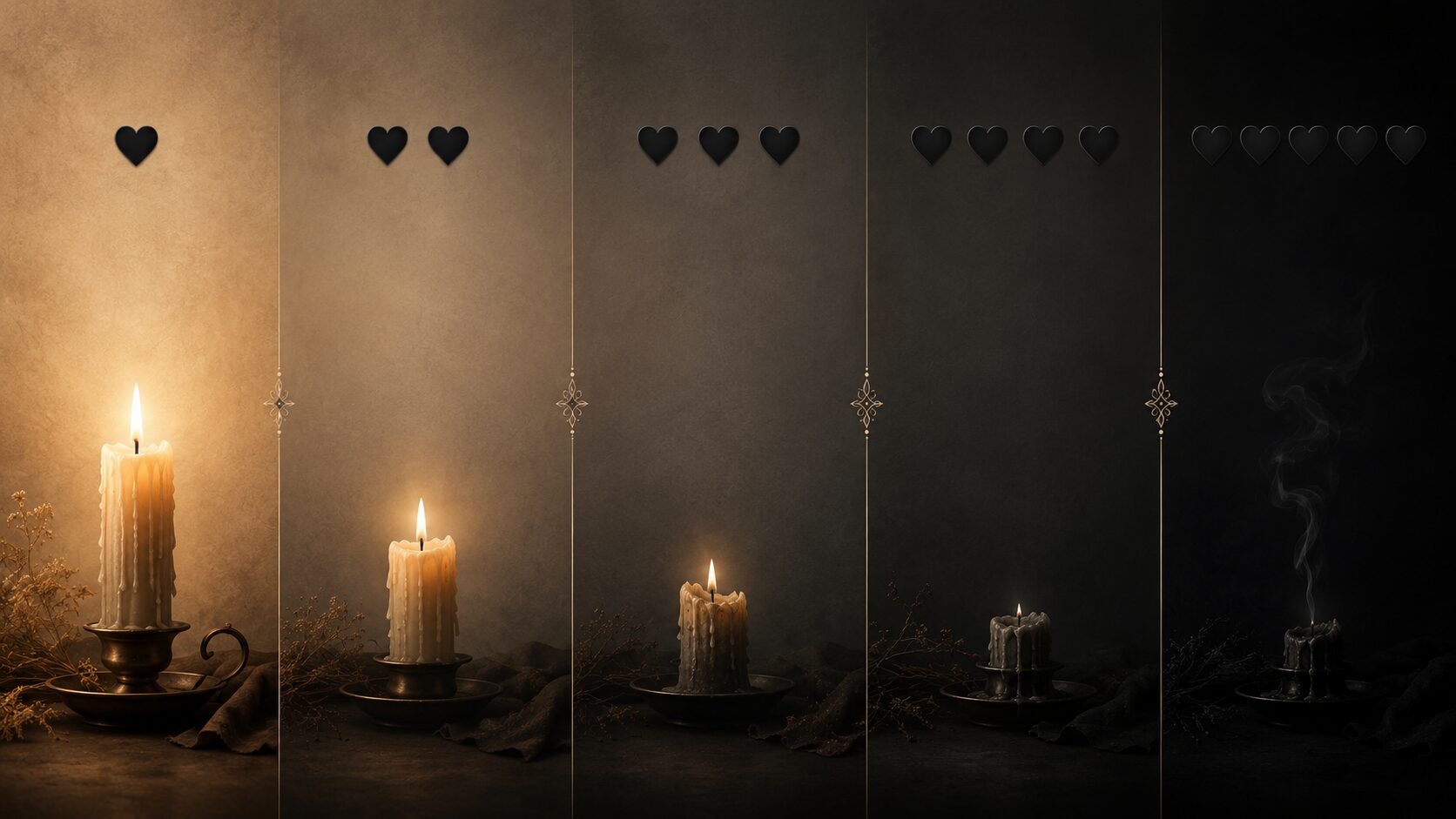 The Blackout Scale infographic showing five tiers from one candle and heart to five, fading from warm candlelight to pitch black darkness