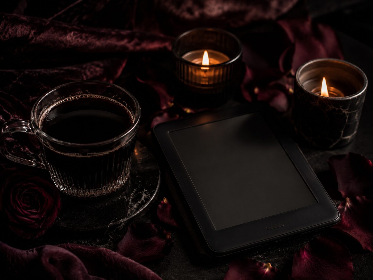 A cup of dark coffee, an e-reader and lit candles among dried rose petals, set up for a dark romance reading night