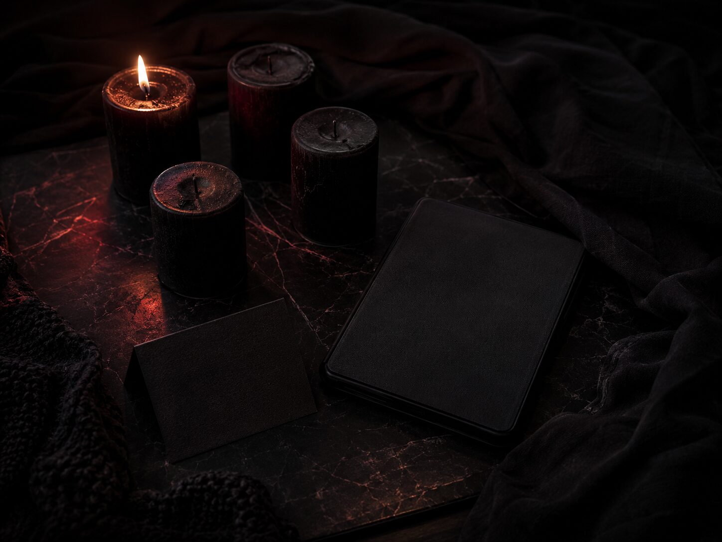 Four unlit black candles and one dimly lit candle beside a black card and e-reader on a dark red marbled surface, representing the darkest tier of the Blackout Scale