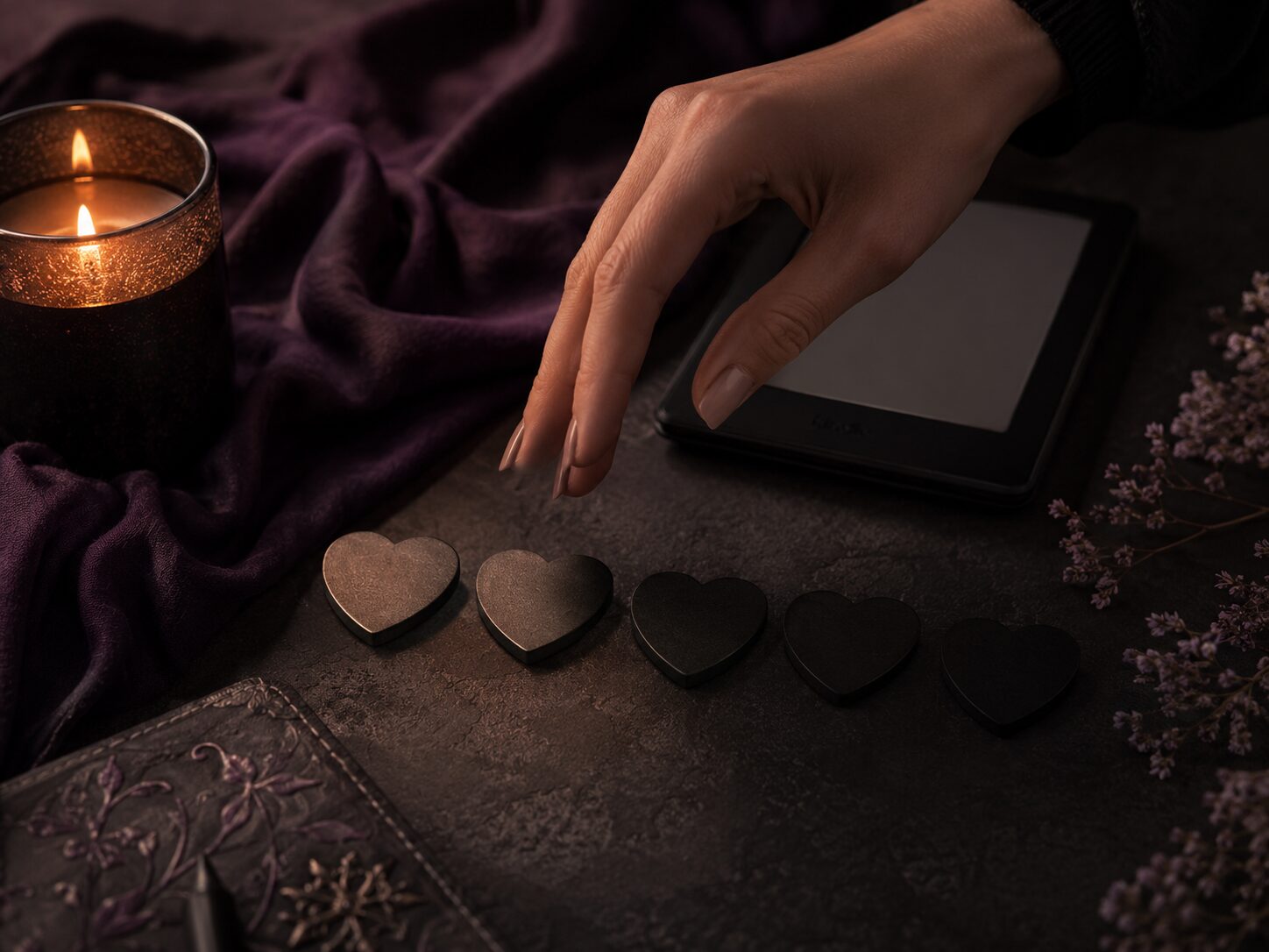 A hand reaching toward a row of five hearts fading from bronze to black beside an e-reader and candle, choosing a comfort level on the Blackout Scale