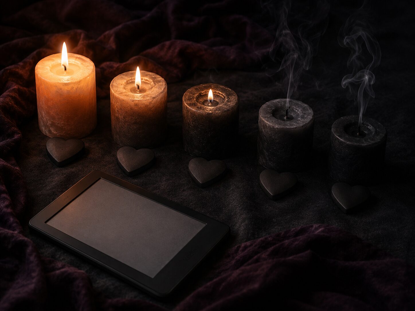 Five candles and hearts fading from bright candlelight to smoking black beside an e-reader, showing where a dark romance beginner might start on the Blackout Scale