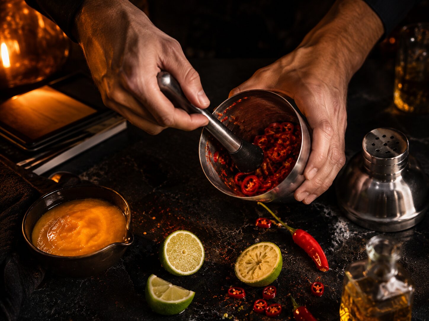 Muddling fresh red chilli in a cocktail shaker