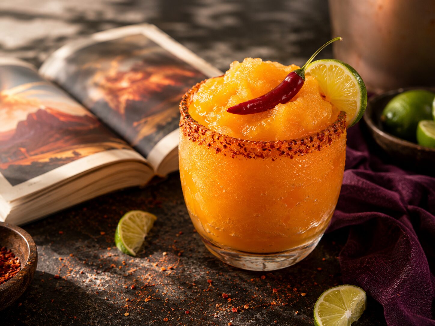 Frozen slushy version of the Dragon's Fire Margarita with a romantasy book