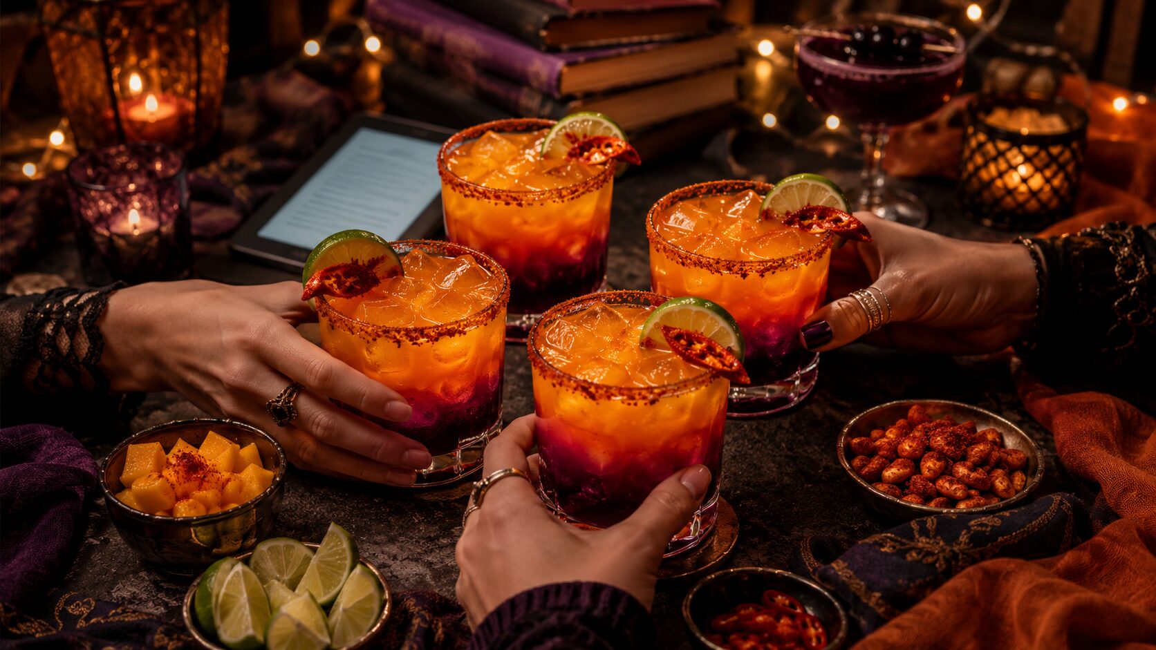 Friends toasting with Dragon's Fire Margaritas at a book club night