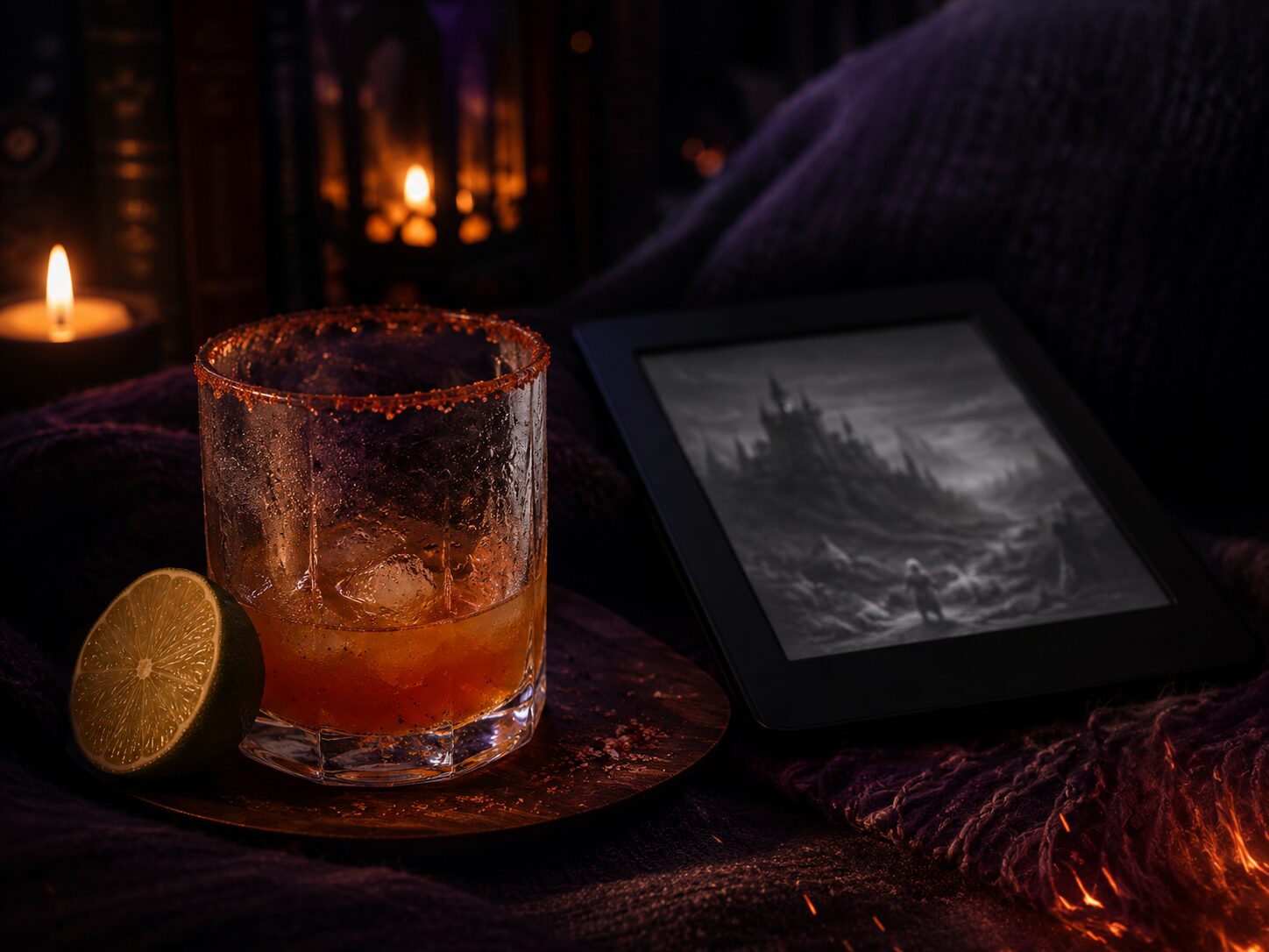 Dragon's Fire Margarita beside an e-reader on a cosy reading night