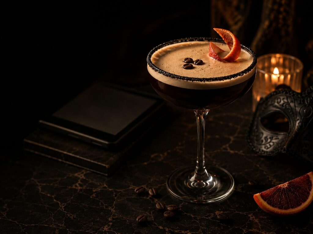 A Masked Man Espresso Martini in a coupe with a dark sugar rim, three coffee beans on the foam and a blood orange twist, beside a masquerade mask and a lit candle.