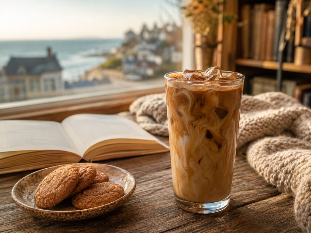 An iced cinnamon latte on a wooden table by a window looking out over a coastal town, with an open book, a plate of cinnamon sugar cookies and a knitted blanket.
